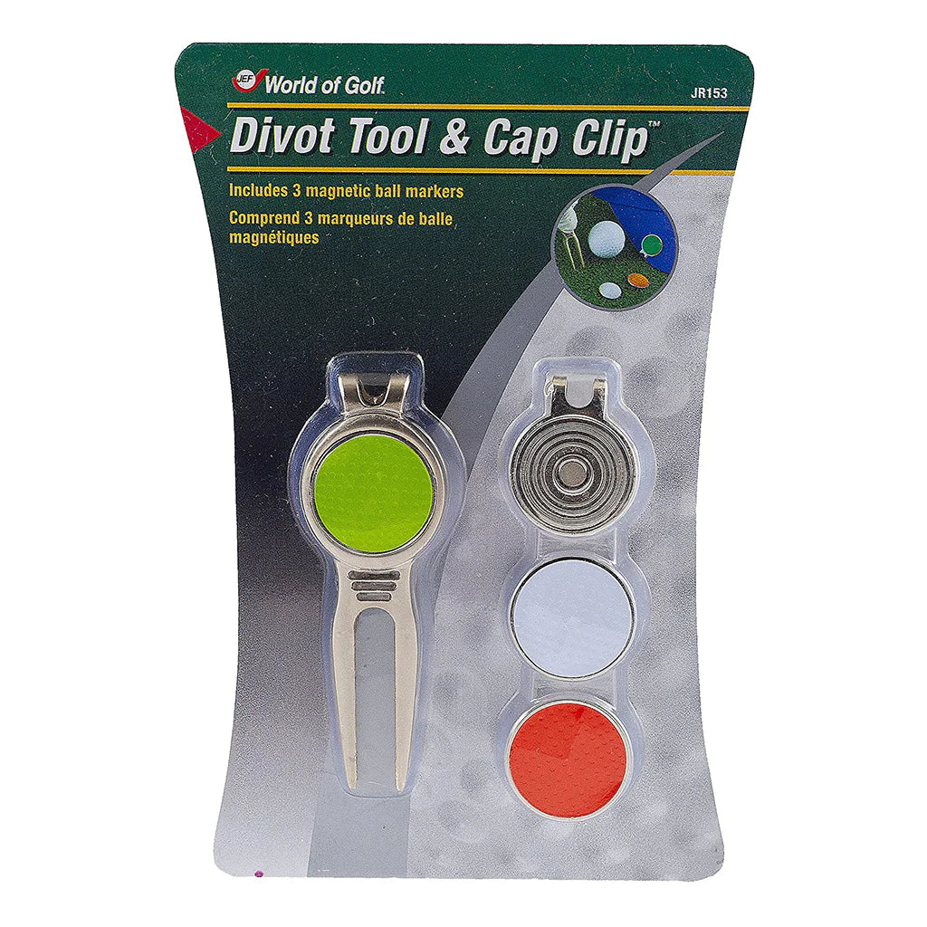 Reparador Divot JEF World of Golf Divot Tool & Cap Clip w/3 Ball Markers